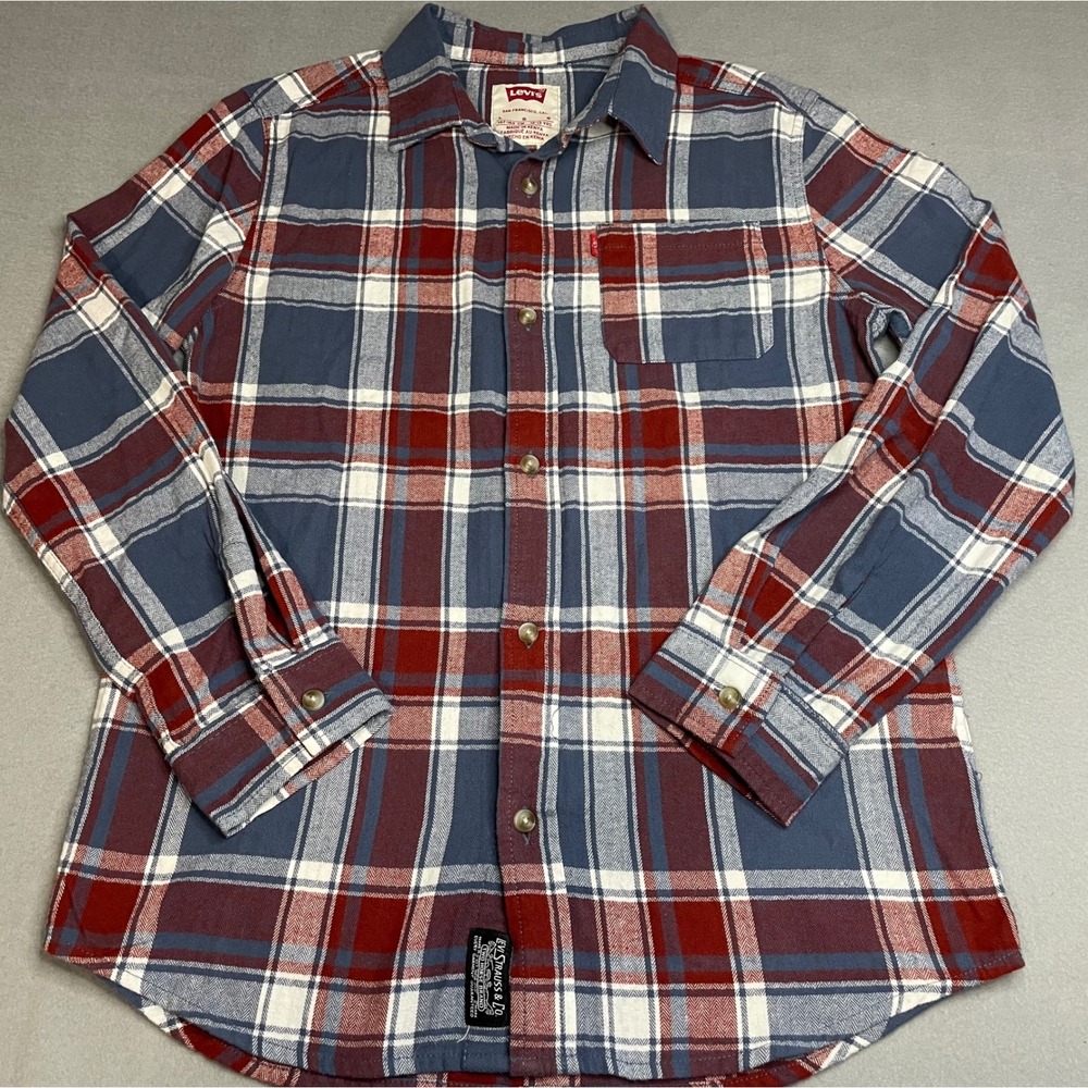Levis Plaid Flannel Button Down Shirt Red White Blue Long Sleeve Cotton L 12-13Y